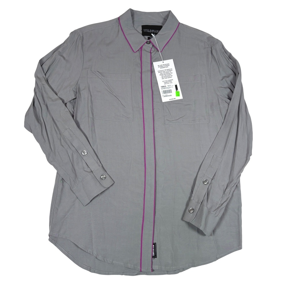Wildfang Empower Piped LS Button Up Shirt Grey Orchid Purple XS NEW